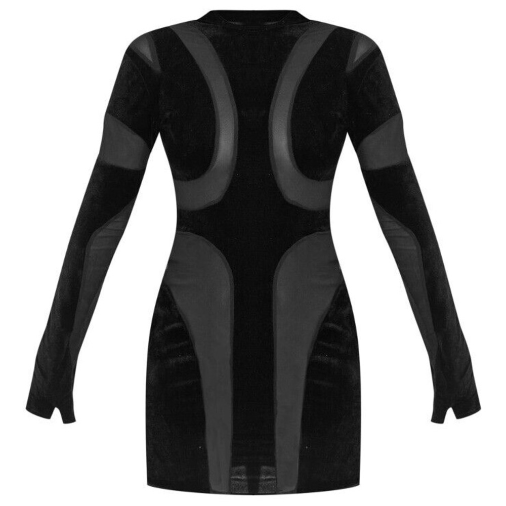 PrettyLittleThing Velvet Mesh Black Long Sleeve Mini Dress